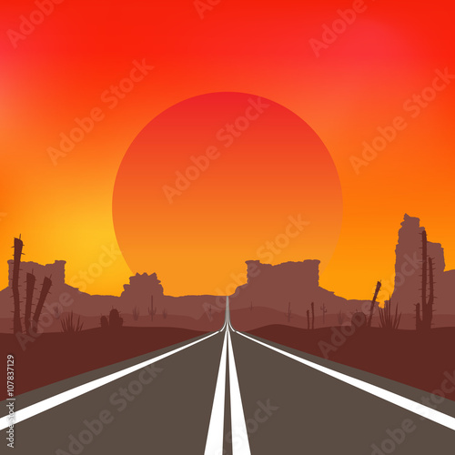 The road in the desert at sunset. Vector landscape. photo