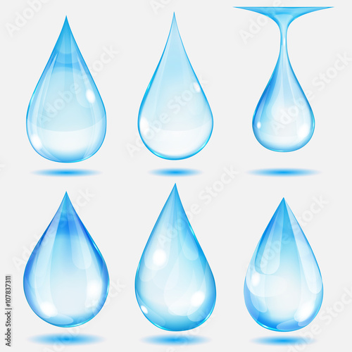 Set of transparent drops in light blue colors. Transparency only in vector file