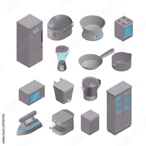 Isometric set of kitchen appliances
