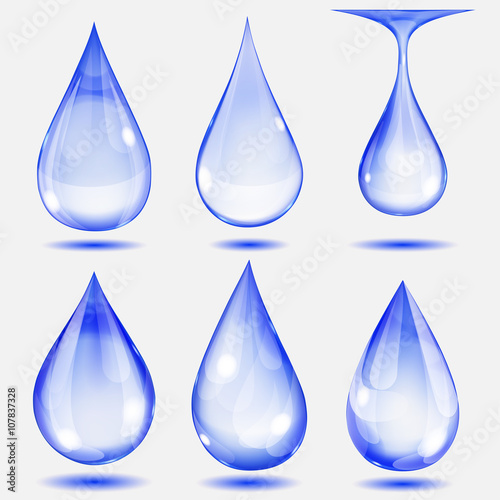 Set of transparent drops in blue colors. Transparency only in vector file