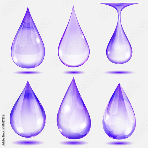 Set of transparent drops in violet colors. Transparency only in vector file