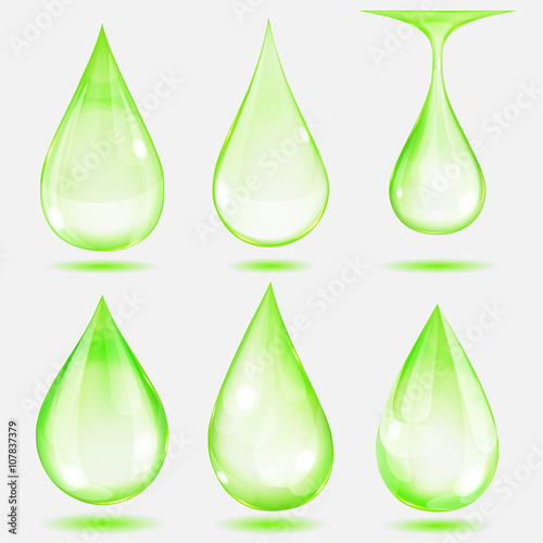 Set of transparent drops in green colors. Transparency only in vector file