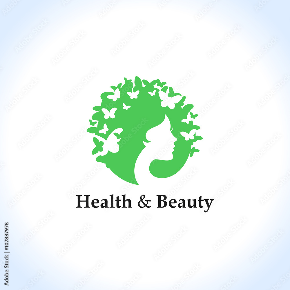 Vecteur Stock Health and beauty logo concept: woman's face and butterflies.  Logo for beauty salon, massage, cosmetics, spa or medical clinic. Flat  design. | Adobe Stock