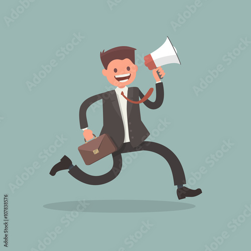 Office worker runs and keeps the bullhorn. The character for an urgent information message