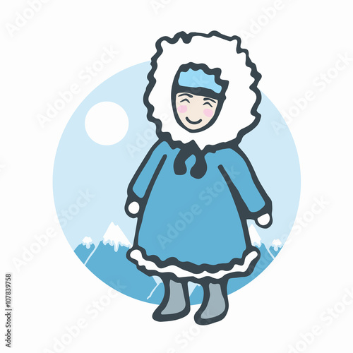 Cute north smiling character. Alaska happy kid. Winter clothing on cheerful personage. Vector cartoon illustration.