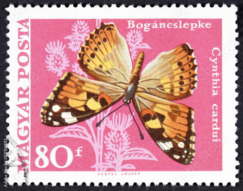 GROOTEBROEK ,THE NETHERLANDS - MARCH 20,2016 : A post stamp printed in Hungary shows Painted Lady butterfly, Cynthia cardui, circa 1969 photo