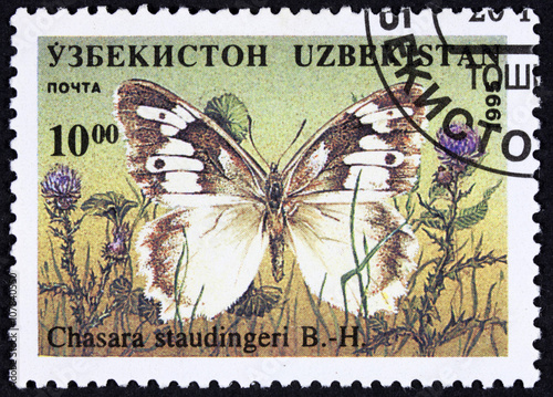 GROOTEBROEK ,THE NETHERLANDS - MARCH 20,2016 : A stamp printed in Republic of Uzbekistan shows butterfly, circa 1995