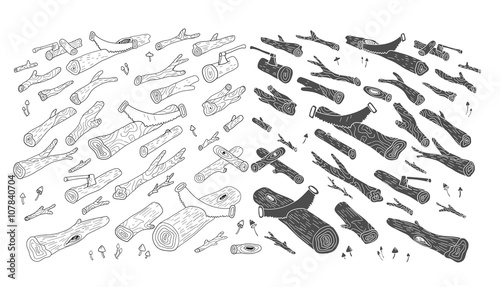 Logs. Wood. Forest. Hand drawn illustration in doodle style. Isolated