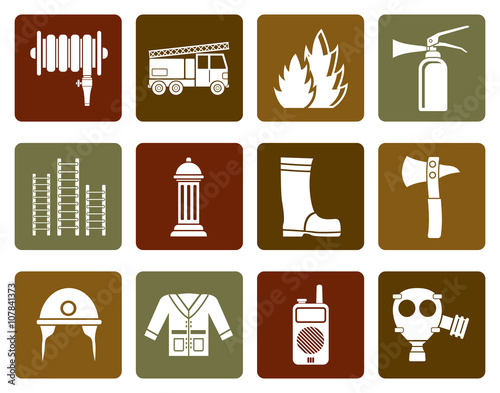 Flat fire brigade and fireman equipment icon - vector icon set