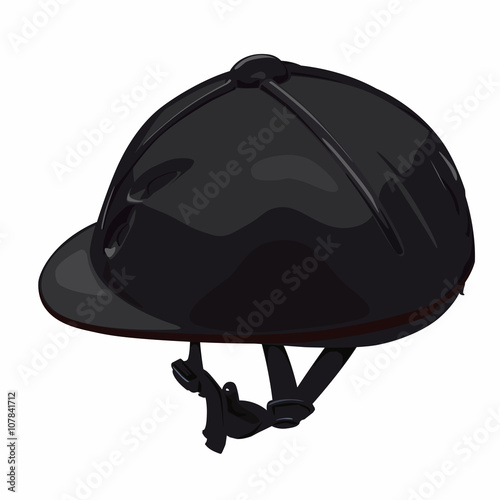 Black riding helmet. Isolated jockey protection on white background. Dirty, realistic object from equestrian enviroment with horses. Horse racing equipment. Flatten isolated master vector illustration