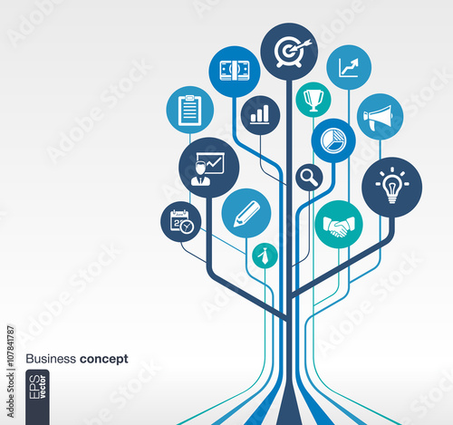 Abstract background with lines, circles and flat icons. Growth tree concept for business, communication, marketing research, strategy, mission, analytics and web design. Vector illustration.