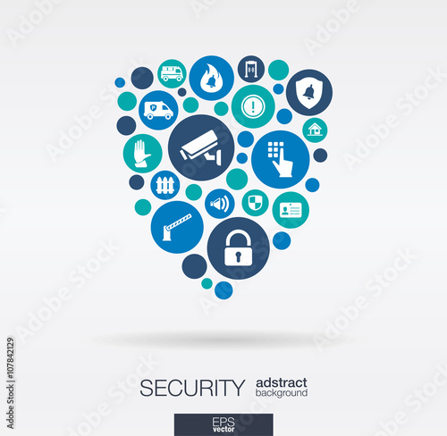Color circles, flat icons in a shield shape, technology, guard, protection, safety, control concepts. Abstract background with connected objects in integrated group of elements. Vector illustration.