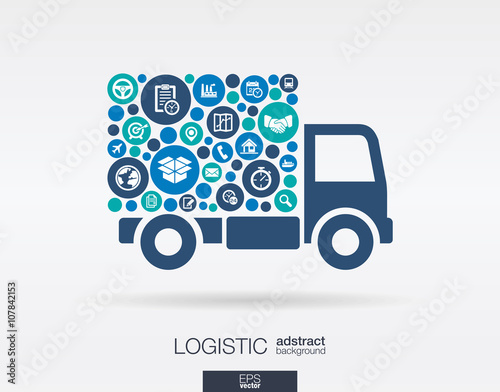 Color circles, flat icons in a truck shape, distribution, delivery, service, shipping, logistic, transport, market concepts. Abstract background with connected objects. Vector illustration.