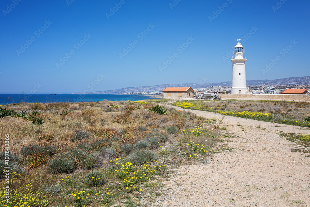 Beautiful historic Retro Lighthouse at Paphos, Cyprus