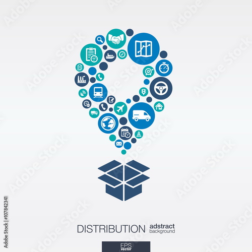Color circles, flat icons in a map pointer and box shape for distribution, delivery service, shipping, logistic, transport concepts. Abstract background, connected objects. Vector illustration.