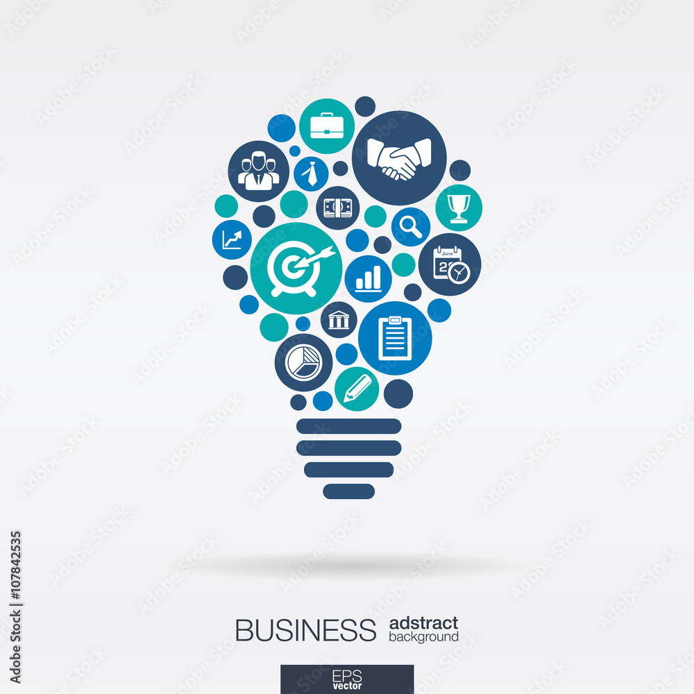 Color circles, flat icons in a idea bulb shape, business, marketing research, strategy, mission, analytics concepts. Abstract background with connected objects. Vector interactive illustration. Color circles, flat icons in a idea bulb shape, business, marketing research, strategy, mission, analytics concepts. Abstract background with connected objects. Vector interactive illustration.