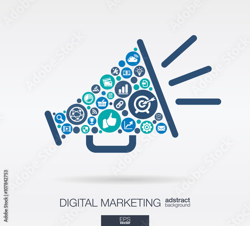 Color circles, flat icons in a speaker shape, digital marketing, social media, network, computer concept. Abstract background with connected objects in integrated group of element. Vector illustration