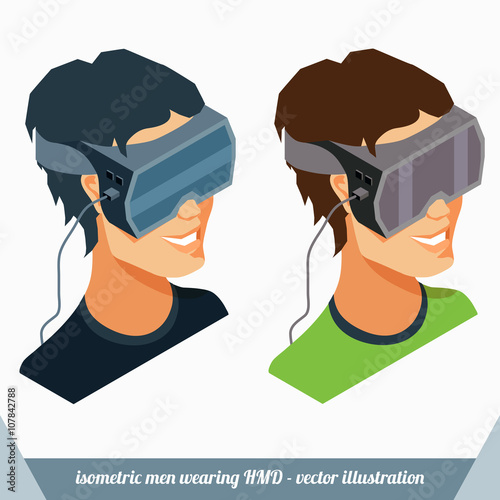 Boy wearing head-mounted display. Virtual reality display is on head of man. Isometric avatar icon. Vector illustration.