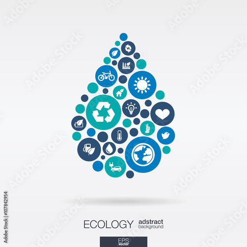 Color circles, flat icons in a water drop  shape, ecology, earth, nature, eco, environmental protection concepts. Abstract background with connected objects in integrated group. Vector illustration.