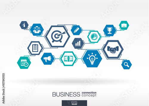 Business network. Hexagon abstract background, integrate flat icons. Connected symbols for strategy, service, digital marketing, communicate concepts. Vector illustration.