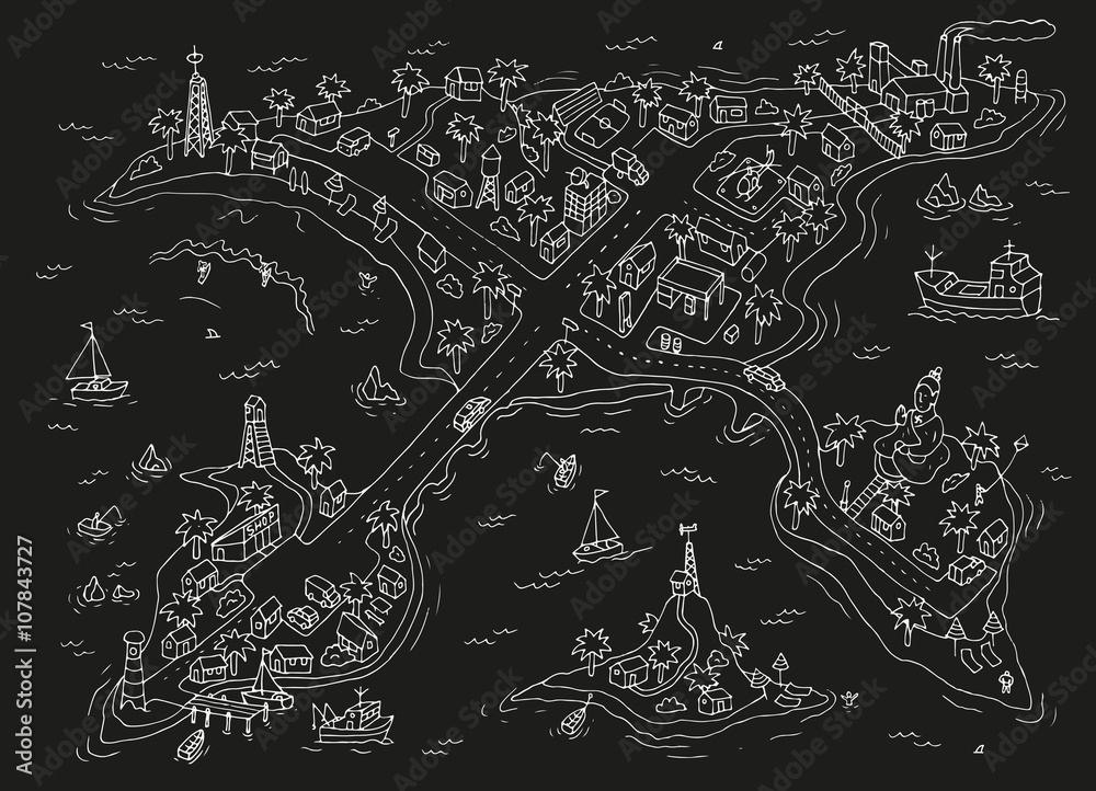 Doodle islands map. Top view of the islands. Isolated.