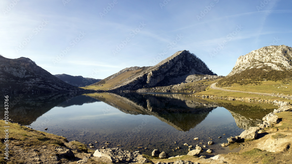 Landscape of Enol mountain lake on National Park of Picos de Europa, Cangas de Onis, Asturias, Spain