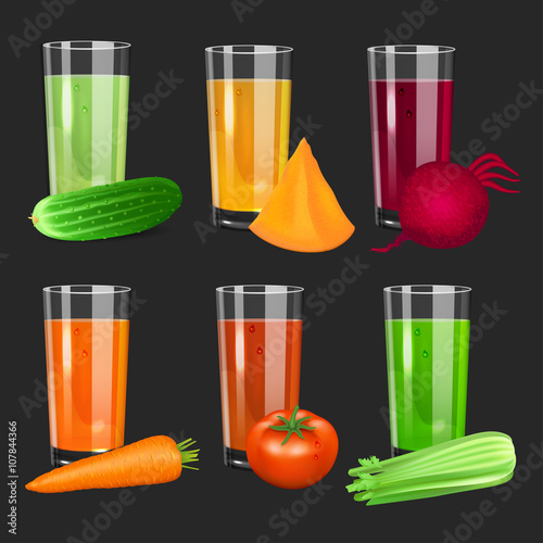 Set of Vegetable juices. Cucumber, tomato, carrot, pumpkin, beet