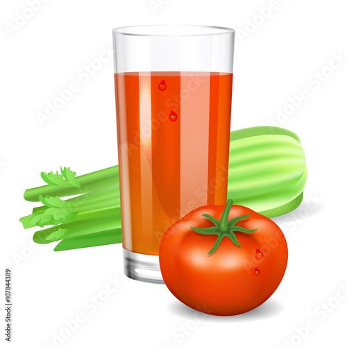 Glass with tomato and celery juice. Tomato and celery. 