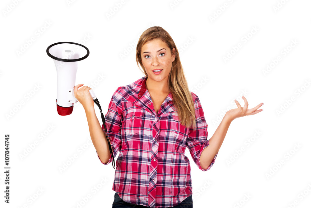 Screaming young woman holding megaphone and gesturing dont know Screaming young woman holding megaphone and gesturing dont know