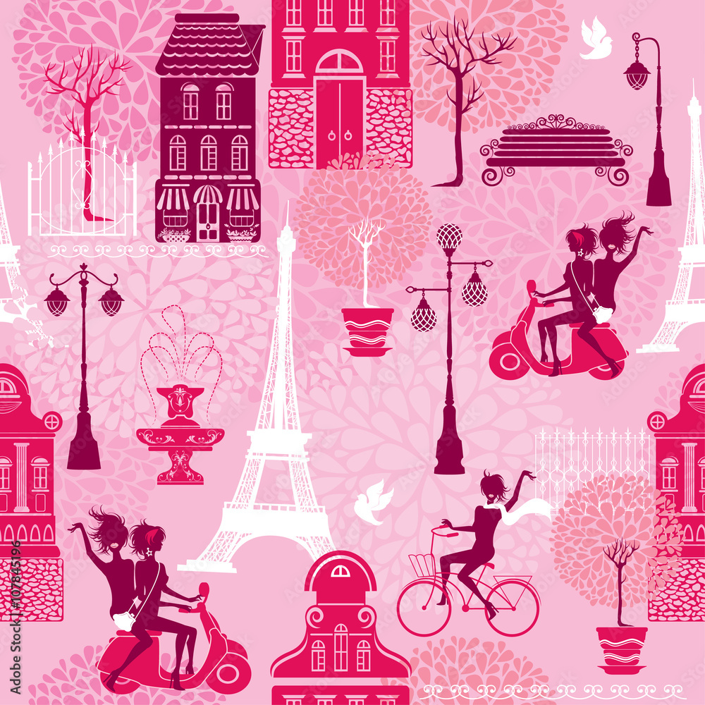 Seamless pattern with girls riding on scooter and bicycle, house