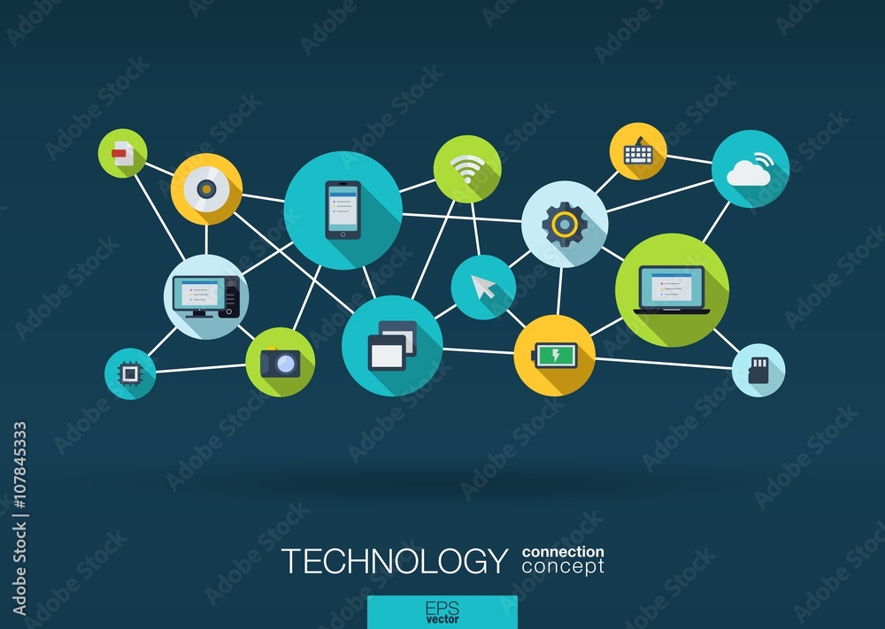 Technology network. Growth background with lines, circles, integrate flat icons. Connected symbols for digital, connect, communicate, social media and global concepts. Vector interactive illustration Technology network. Growth background with lines, circles, integrate flat icons. Connected symbols for digital, connect, communicate, social media and global concepts. Vector interactive illustration