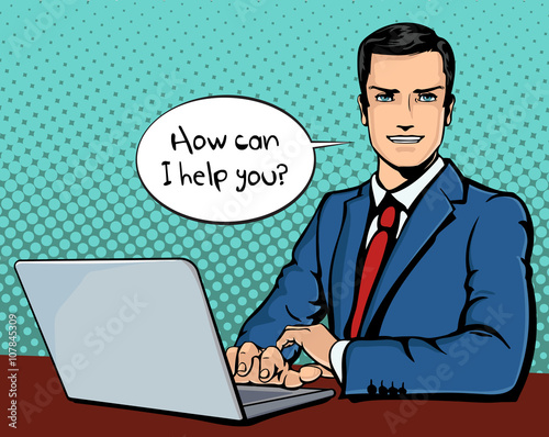 Vector illustration of successful businessman with computer in pop art comics retro style or cartoon style casting shadow, Halftone. Conception of interruption, attention, working, analyzing. 