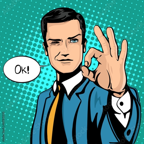 Vector illustration of successful businessman gives ok in vintage pop art comics style. Likes and positive feel. Gesture good, agree and smile.