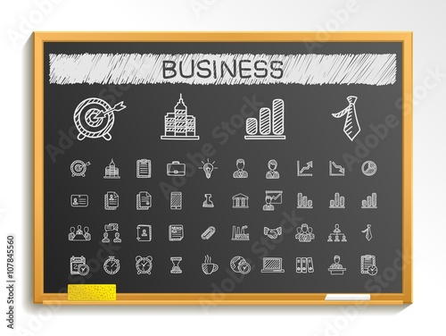 Business hand drawing line icons. Vector doodle pictogram set, chalk sketch sign illustration on blackboard with hatch symbol, finance, money, presentation, strategy, marketing, analytics, infographic