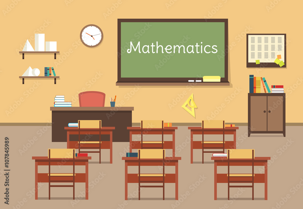 Vector flat illustration of mathematic classroom at the school, university, institute, college. Desks with books rulers, prism, pyramid, table, barrel. Lesson for diploma, teaching and learning