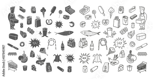 Hand drawn collection of supermarket symbols. Food, drinks, bakery. 