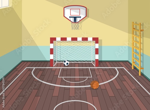 Vector flat illustration of sport room in institute, college, university, school. Basketball, football and soccer balls. with ladder for health care. Gate with net. Window with sunshine beams