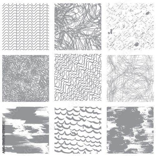 Set of 9 seamless patterns in grunge style. Ready to use as swat