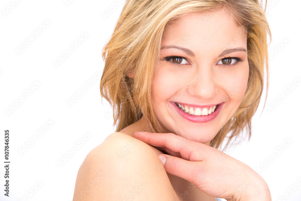 young blonde smiling woman portrait with perfect teeth isolated on white young blonde smiling woman portrait with perfect teeth isolated on white