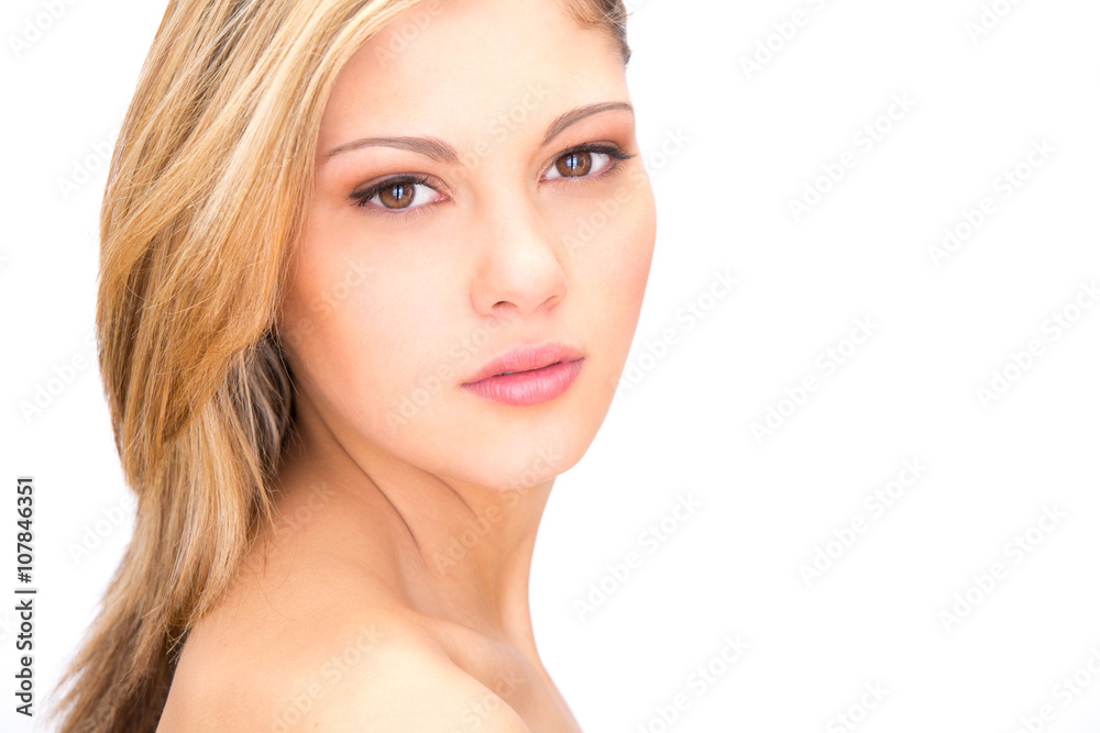 young blonde gazing woman portrait isolated on white