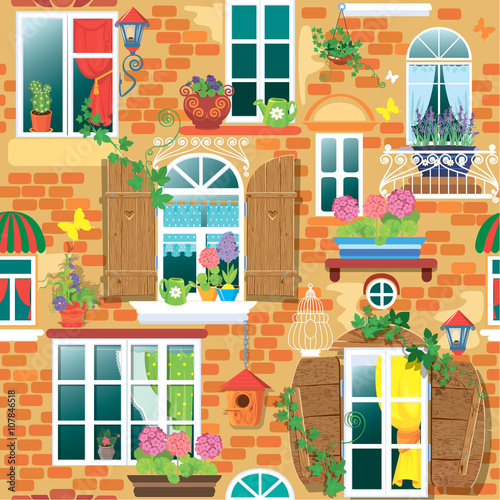 Seamless pattern with Windows and flowers in pots. Summer or spr
