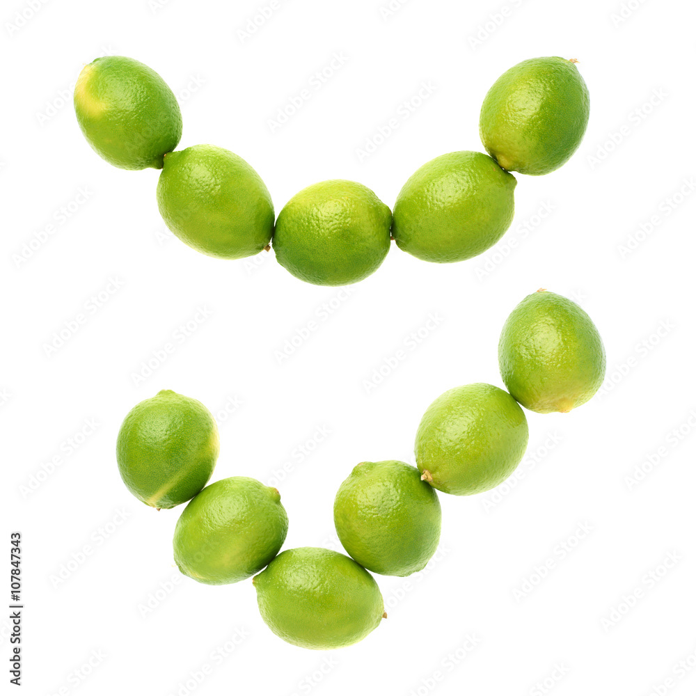 Five limes fruits composition isolated over the white background, set of two compositions