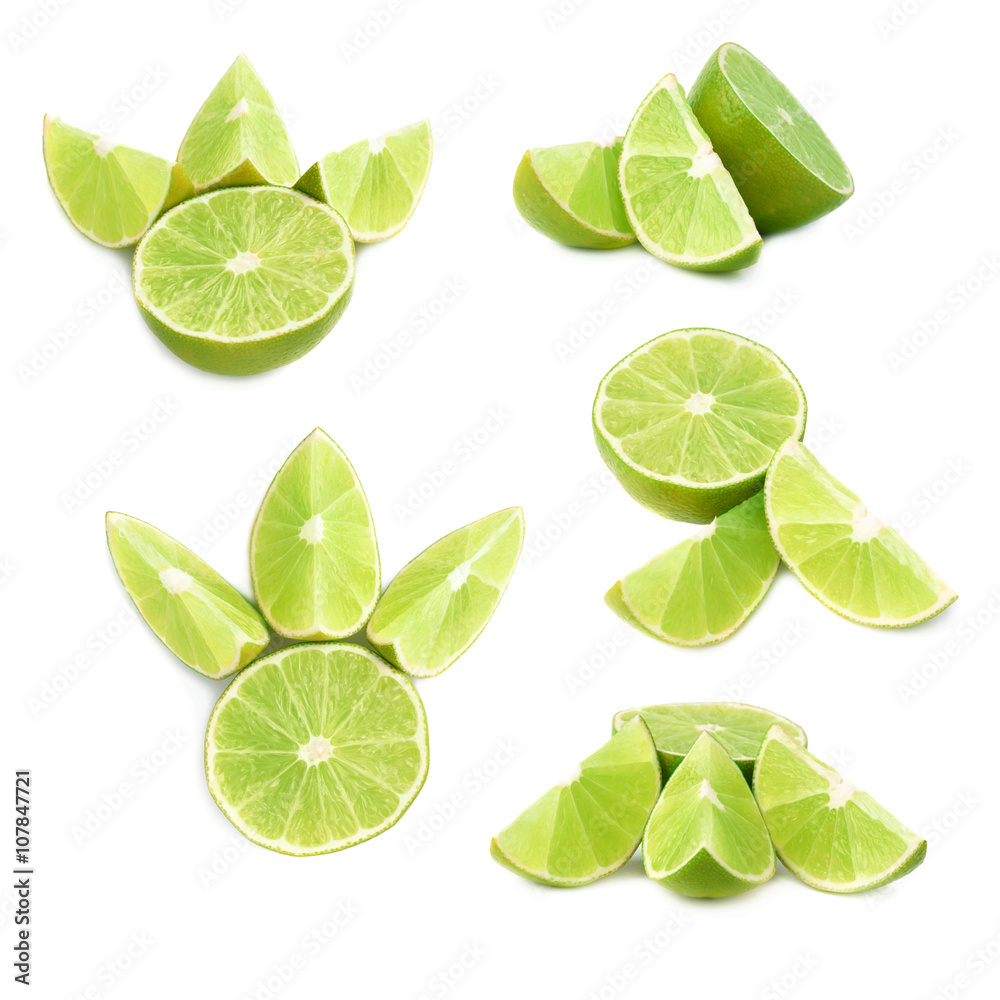 Served lime fruit composition isolated over the white background, set of different foreshortenings