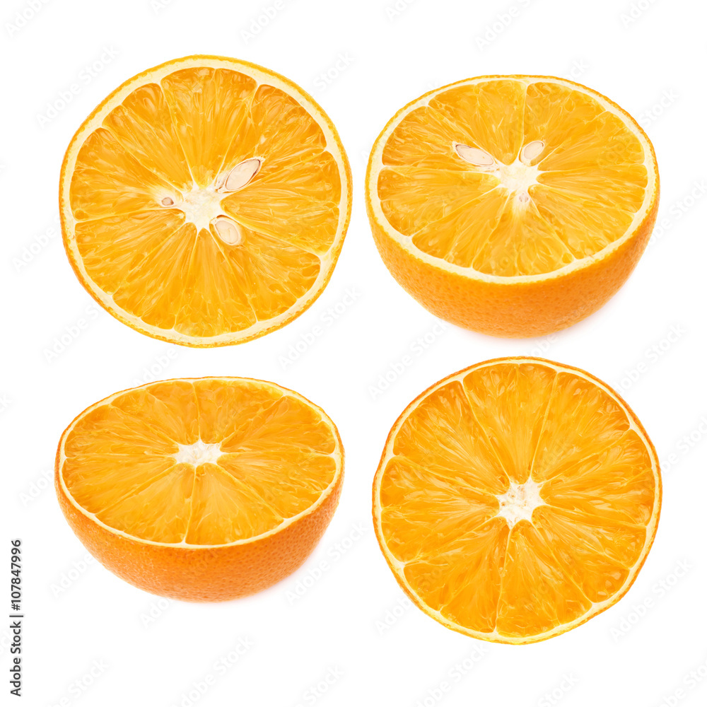 Dried orange cut in half isolated over the white background, set of different foreshortenings Dried orange cut in half isolated over the white background, set of different foreshortenings