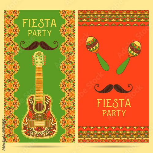 Beautiful greeting card, invitation for fiesta festival. Design concept for Mexican Cinco de Mayo holiday with maracas, guitar and ornate border. Colorful hand drawn vector illustration