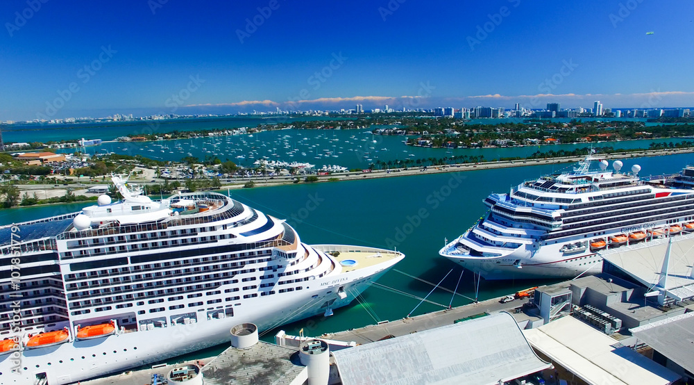 MIAMI - FEBRUARY 27, 2016: Cruise ships docked in Miami port. Th - obrazy, fototapety, plakaty 