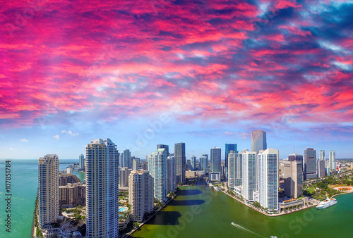 Sunset over Downtown Miami and Brickell, aerial view