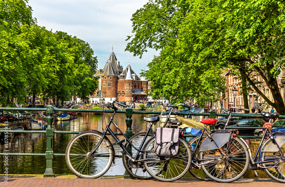 Traditional view of Amsterdam: bicycles and water