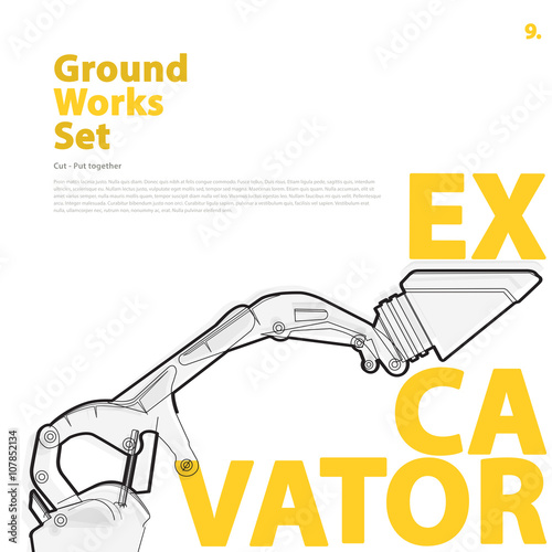 Construction machinery, excavator. Typography set of ground works machines vehicles on white. Construction equipment for building. Master vector illustration. Truck, Digger, Crane, Forklift, Roller