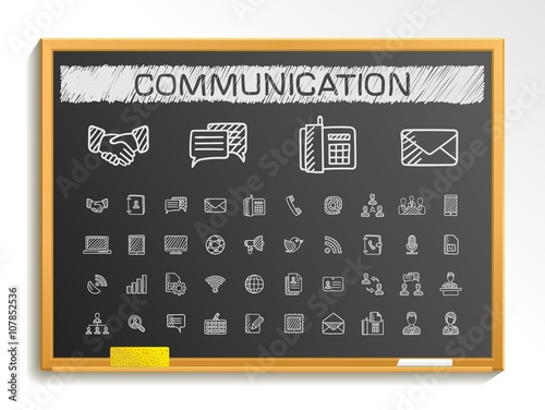 Communication hand drawing line icons. Vector doodle pictogram set. chalk sketch sign illustration on blackboard with hatch symbols, business, social, internet, mail, chat, meeting and speech.